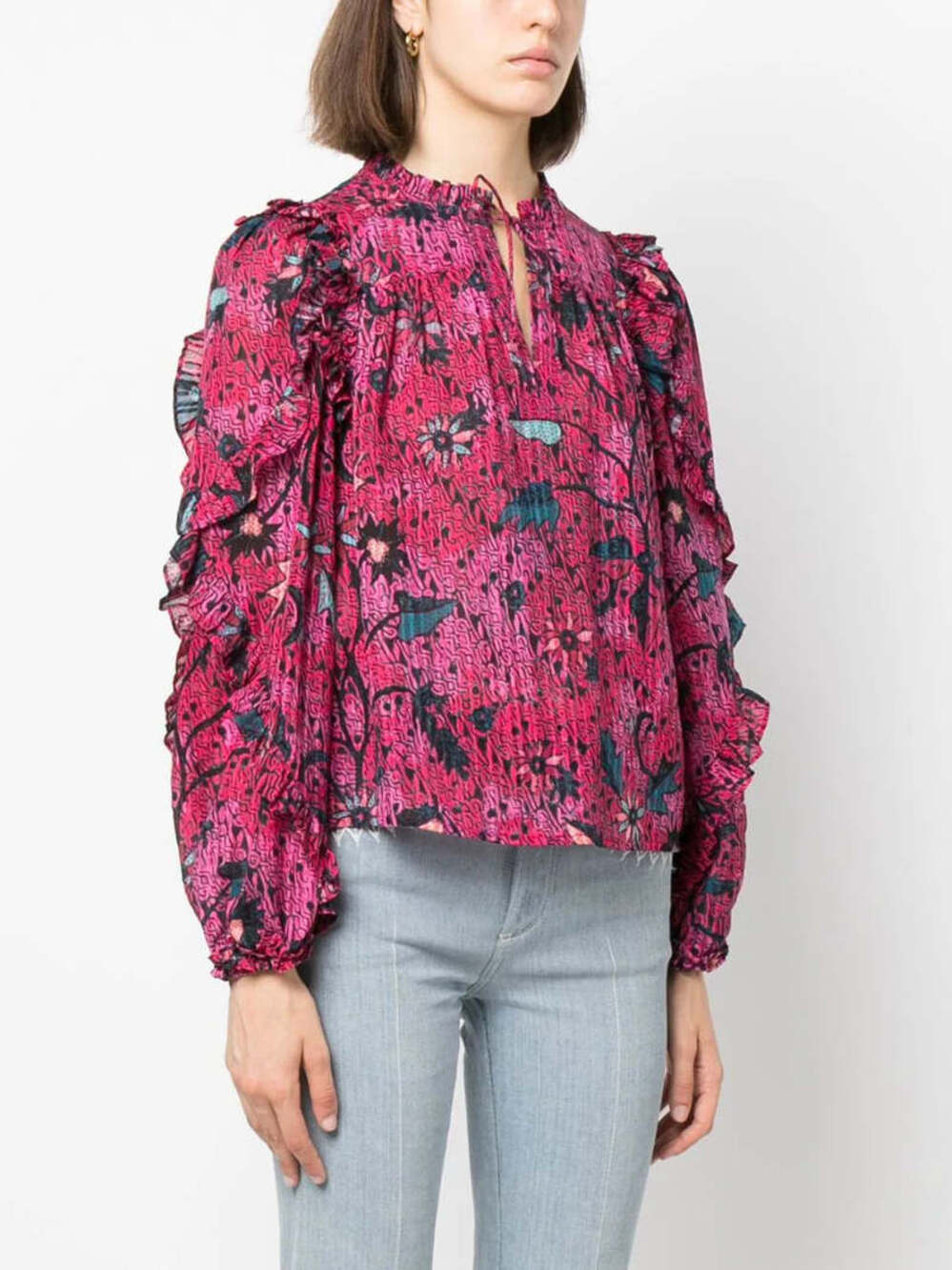 New Ulla Johnson Manet Print Tie Neck Blouse Fuchsia Pink Floral Ruffles Sz 6